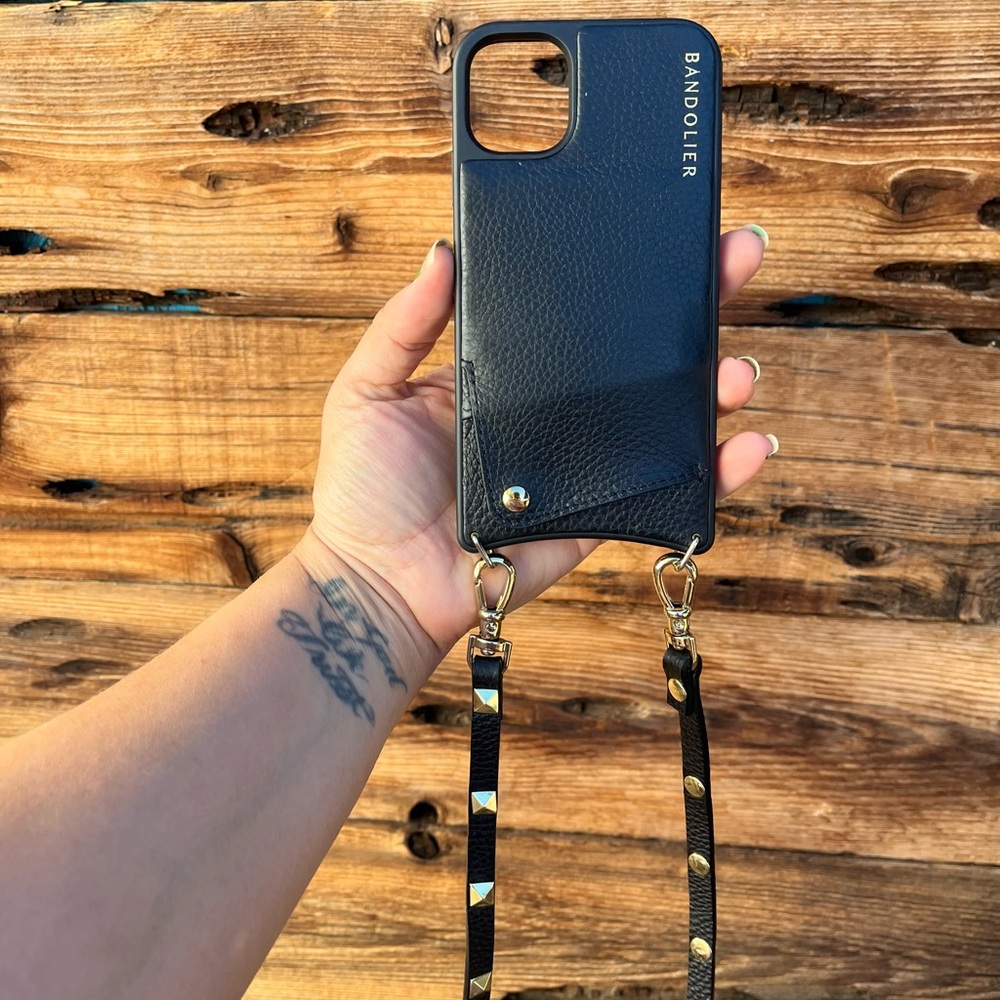 BANDOLIER | Black Phone Case with Gold Studded Strap